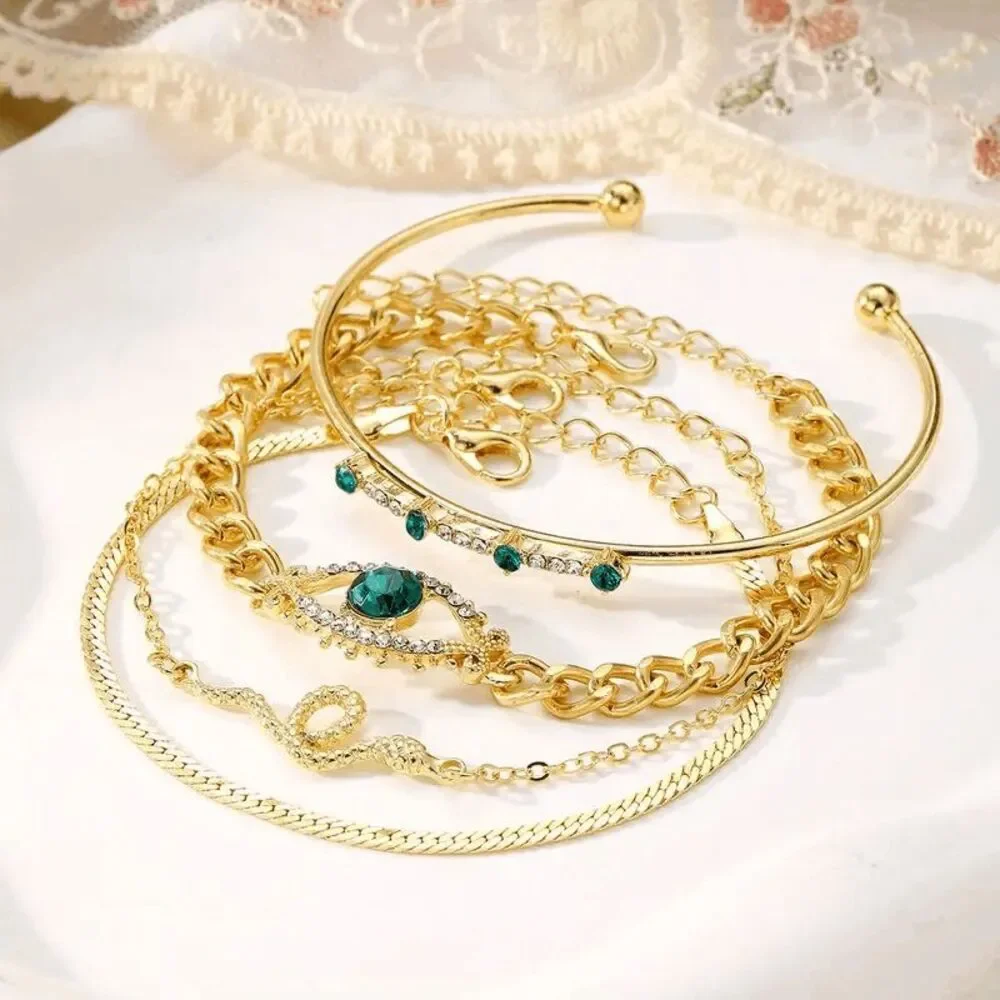 Evil Eye Diamond Emerald Snake Bracelet Set - 4 piece